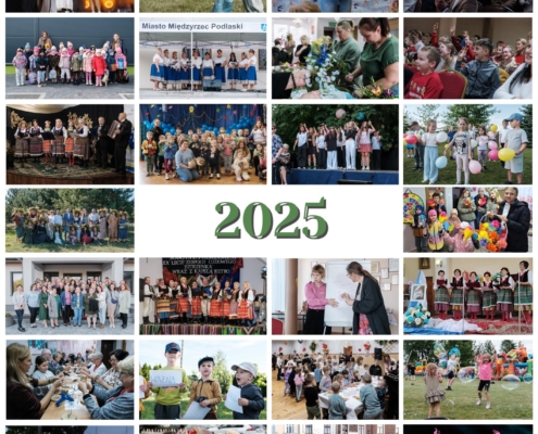 Plakat przedstawia kolaż zdjęć z różnych wydarzeń Gminnego Ośrodka Kultury, które realizowane były w 2025 roku. Centralny punkt plakatu stanowi liczba 2025