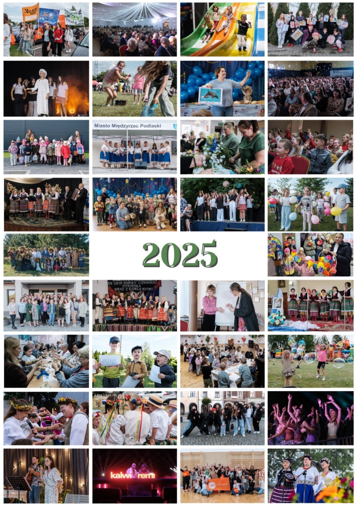 Plakat przedstawia kolaż zdjęć z różnych wydarzeń Gminnego Ośrodka Kultury, które realizowane były w 2025 roku. Centralny punkt plakatu stanowi liczba 2025 w kolorze zielonym