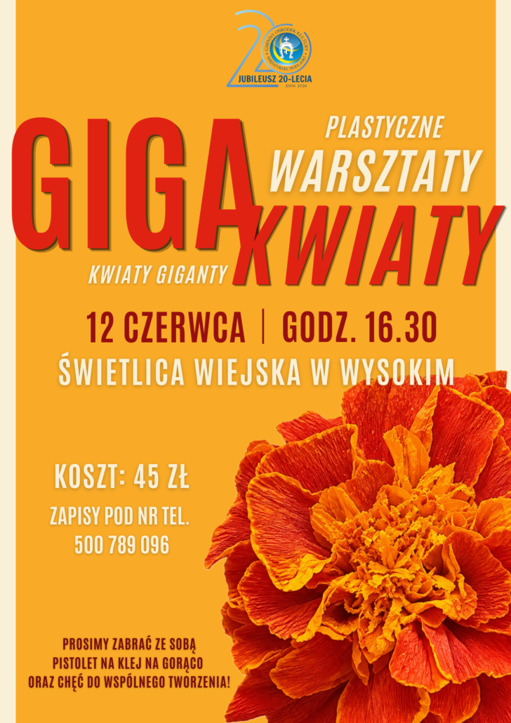 Plakat zapraszający na warsztaty plastyczne z tworzenia kwiatów gigantów