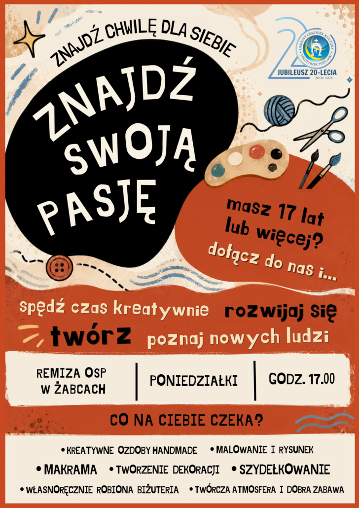 Plakat informujący o zajęciach kreatywnych odbywających się w poniedziałki w Żabcach