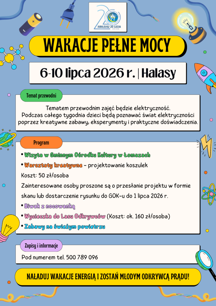 Plakat informujący o zajęciach wakacyjnych dla dzieci w Halasach