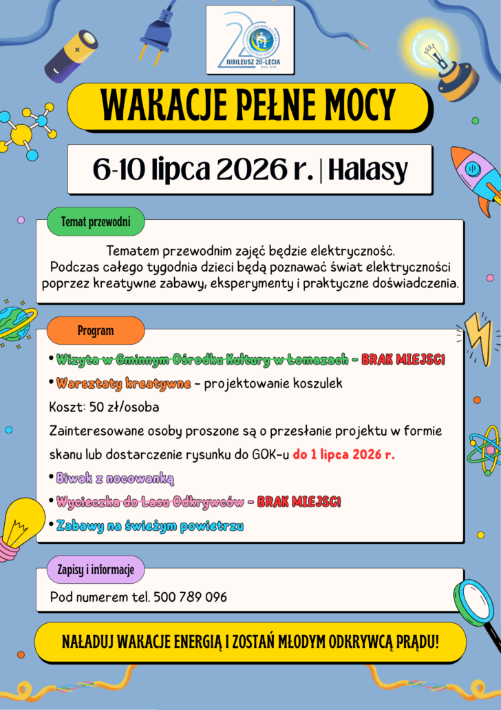 Plakat informujący o zajęciach wakacyjnych dla dzieci w Halasach