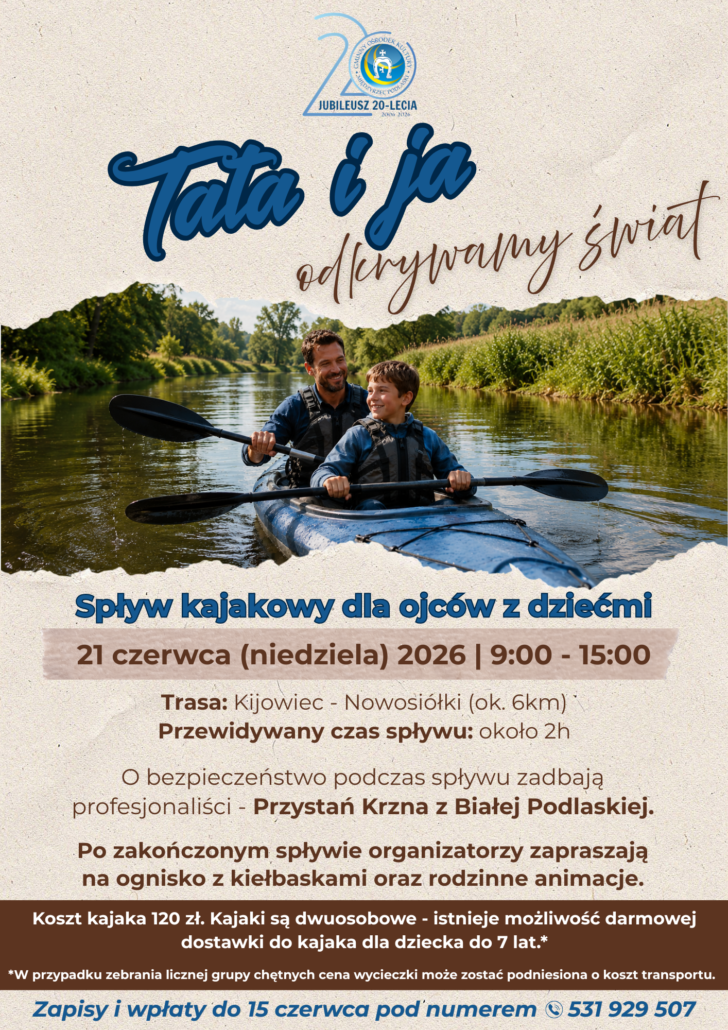 Plakat informujący o spływie kajakowym z okazji Dnia Ojca